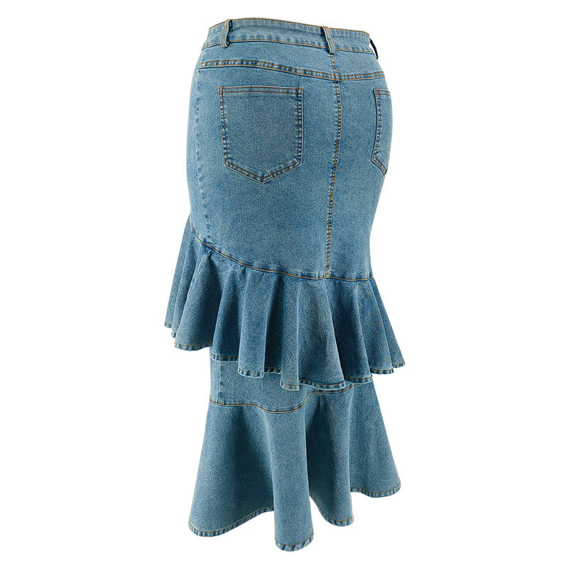 Plus Size Ruffle Irregular Denim Long Skirt GDAM 218634
