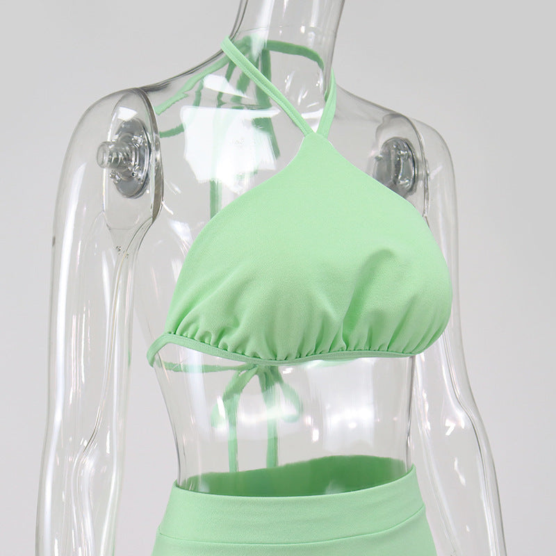 Sexy Solid Halter Crop Top Mini Skirt Two Piece Sets YIBF 6061