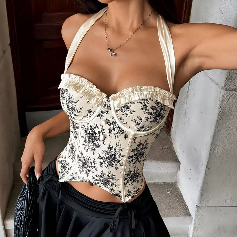 Print Backless Underwire Fishbone Halterneck Tank Tops GOMN 70138