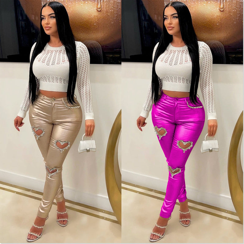 Hollow Out Heart Rhinestone Pants YNSF 8020