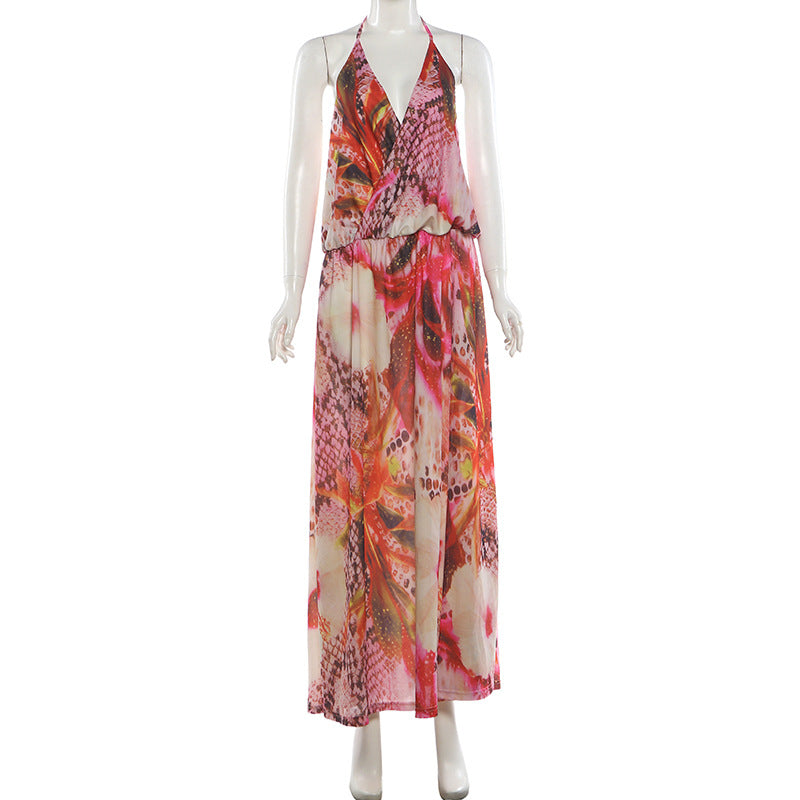 V Neck Print Backless Split Maxi Dress XEF K6D11504A