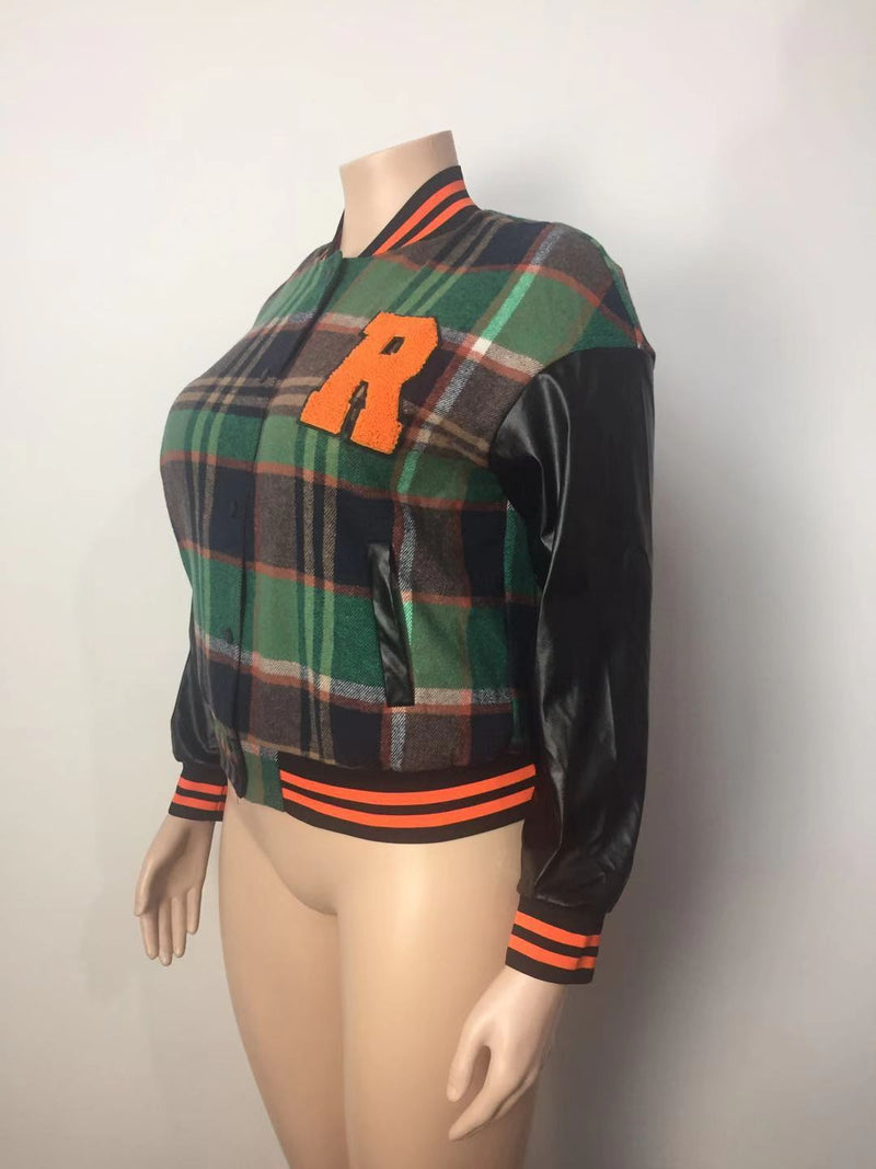 Plus Size Embroidered Ribbed PU Patchwork Baseball Jacket GAWE 5611