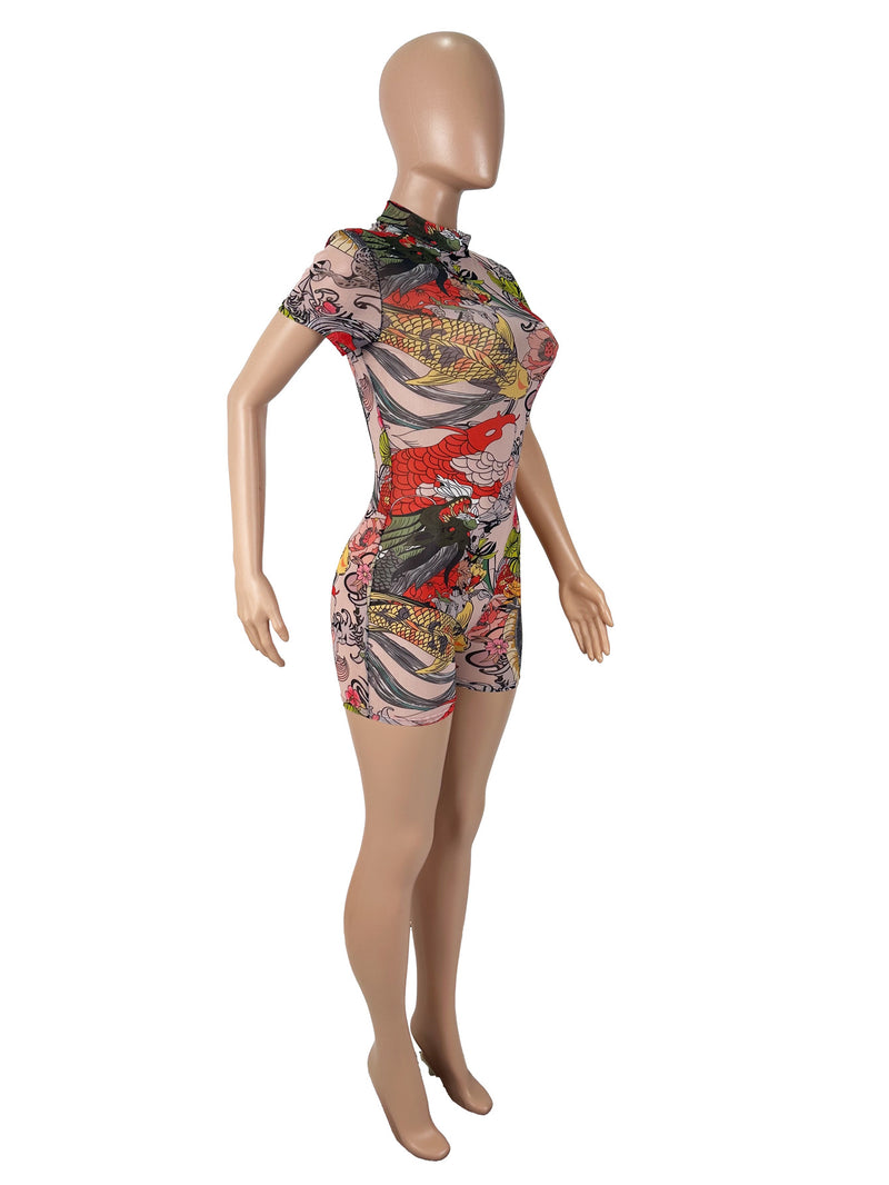 Mesh Print Backless Skinny Romper SHD 9546