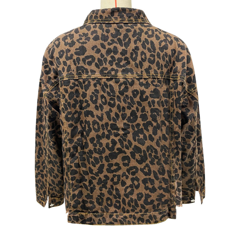 Leopard Print Long Sleeve Denim Coats GSMF ZZP89263