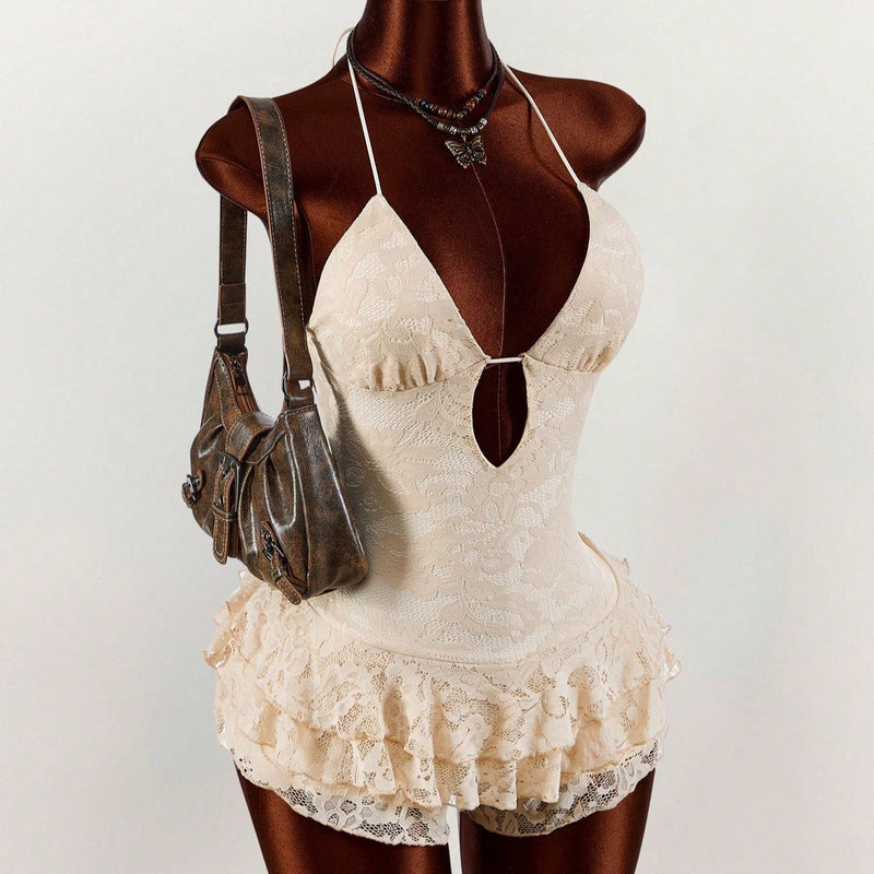 Solid Color Lace Backless Patchwork Romper GXIY K26L2280