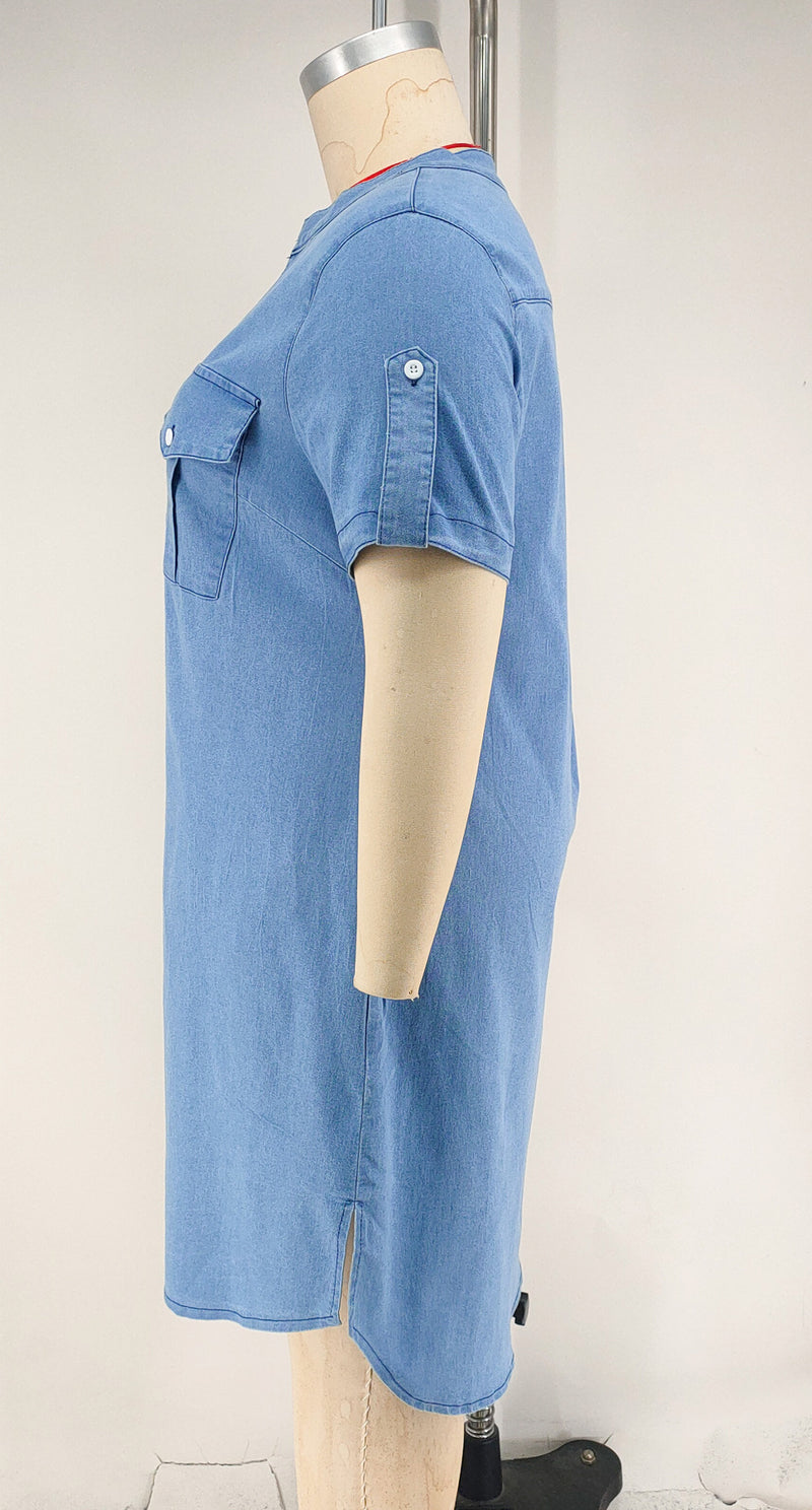 Plus Size Casual Short Sleeve Denim Midi Dress GDAM 218826