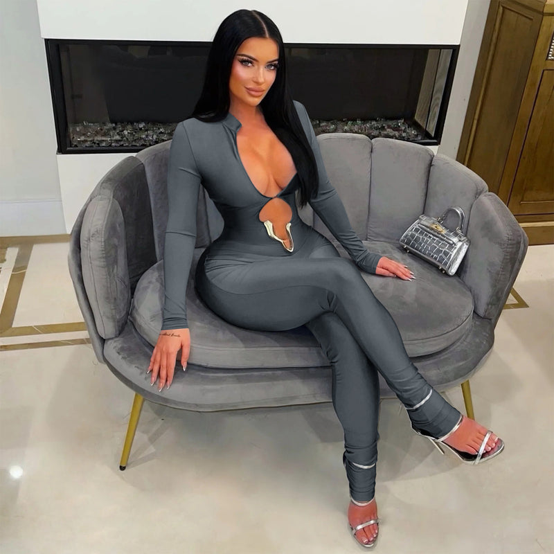 Deep V Neck Long Sleeve Tight Jumpsuit YF 10978
