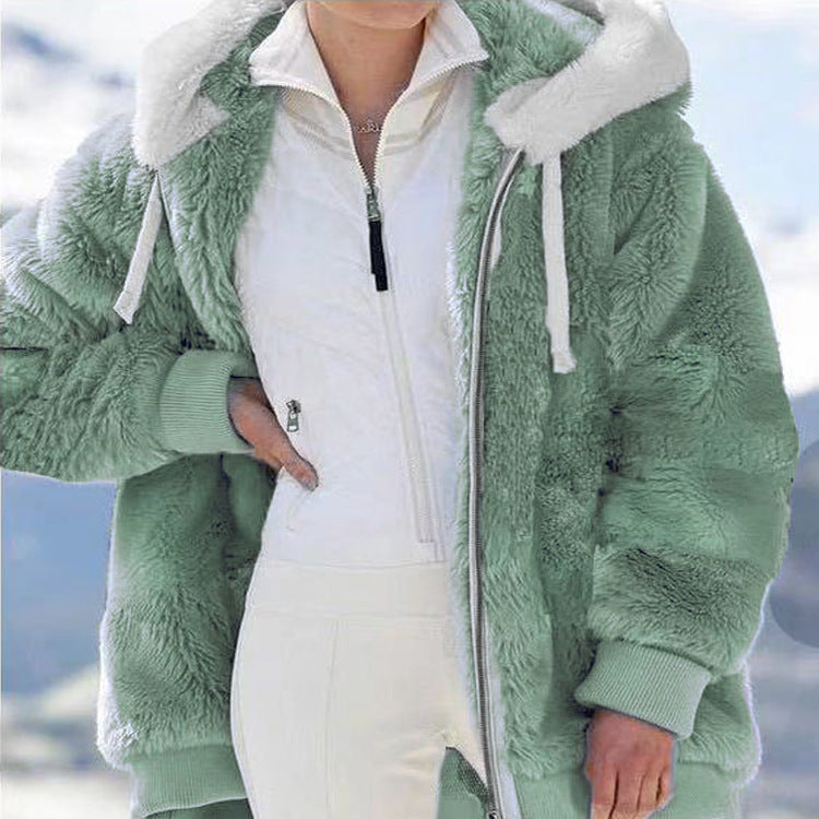 Plus Size Fashion Loose Plush Zipper Hooded Coat GOFY 9910