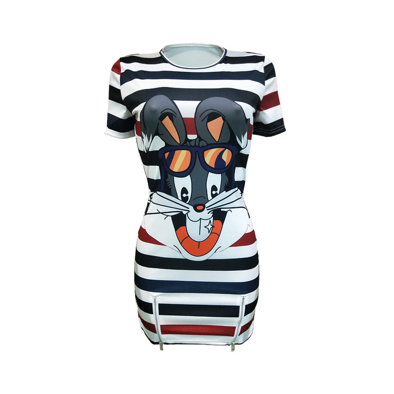 Cartoon Stripe Print Short Sleeve Mini Dress BN 9160