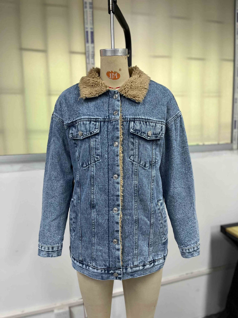 Loose Long Sleeve Fleece Denim Jacket GYXN 20780