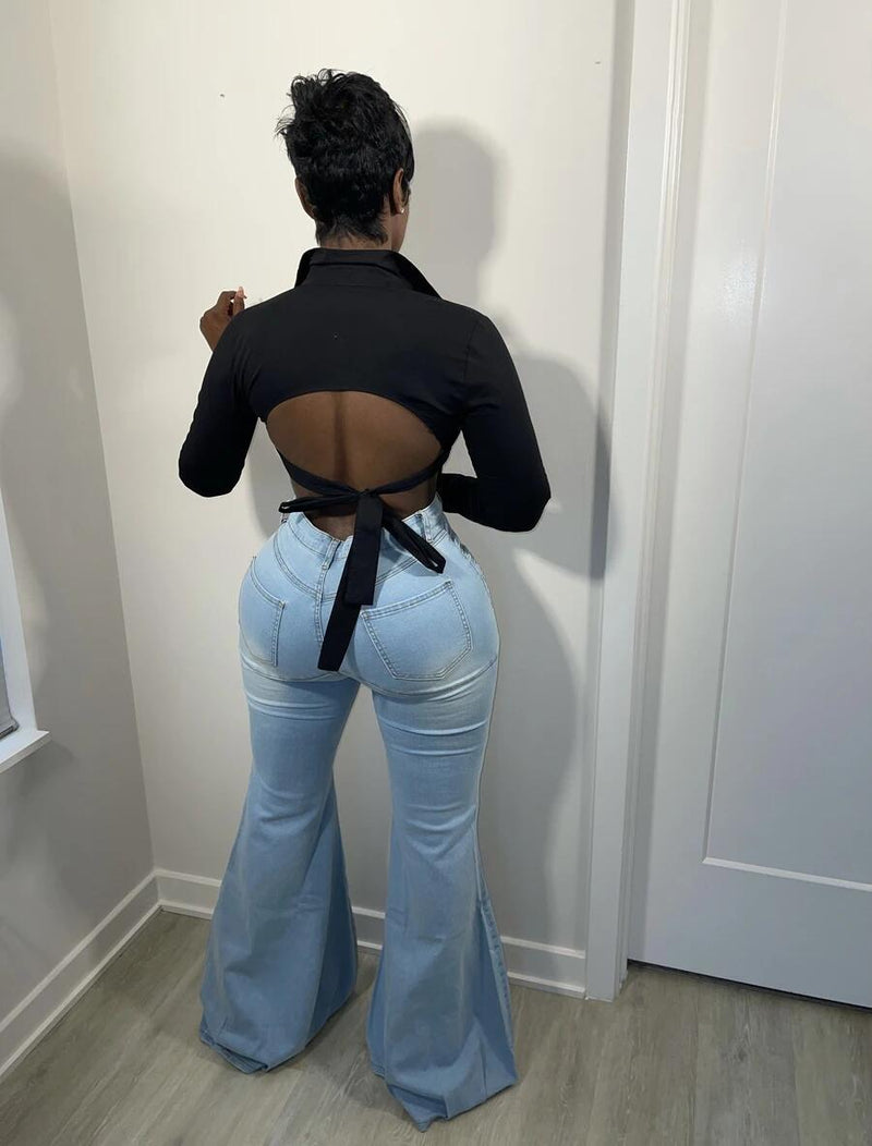 Solid Backless Long Sleeve Shirt Top HMS 5488