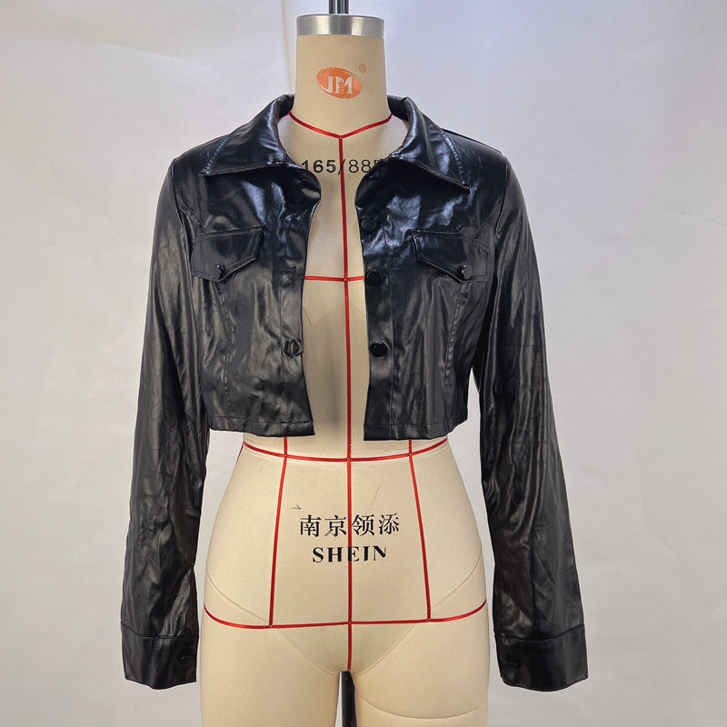 Long Sleeve Cardigan Leather Coat GPBY 14524