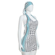 U Neck Sleeveless Print MIni Dress With Headscarf GSZM C26DS267