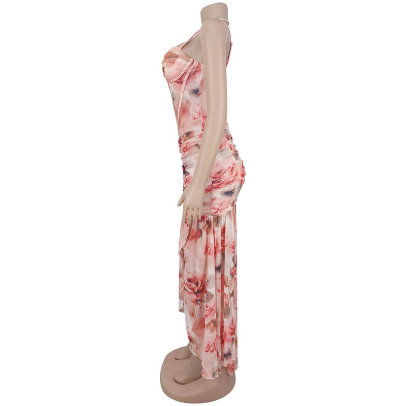 Floral Print Halterneck Mesh Evening Dress BY 7753