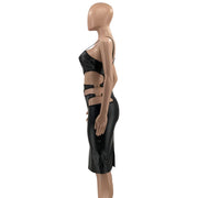 Plus Size PU Leather Hollow Out Split Bodycon Dress OSIF 21481