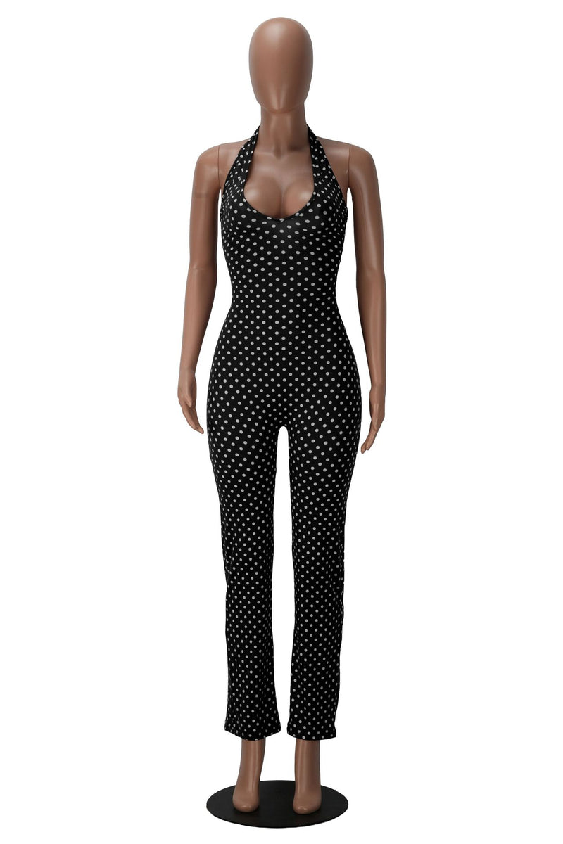 Polka Dots Printed Halterneck Bandage Jumpsuit MZ 26013
