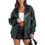 Long Sleeve Collared Zipper PU Leather Jacket GYOU CX830
