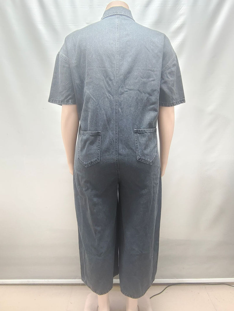 Short Sleeve Single Breated Button Denim Jumpsuit GAKF 60211
