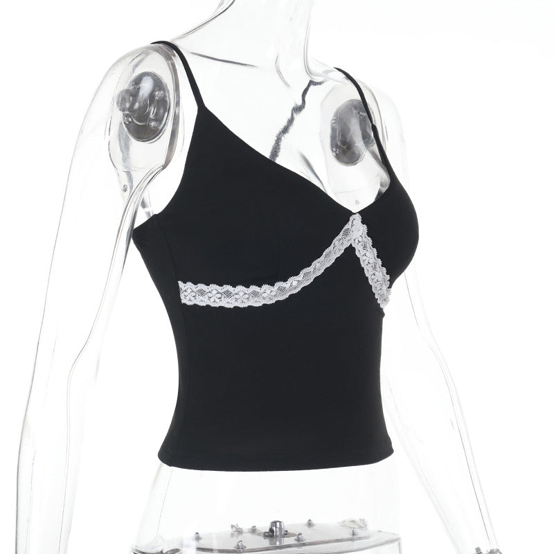 Lace Patchwork V Neck Sling Tank Tops FL ZX25015PFO