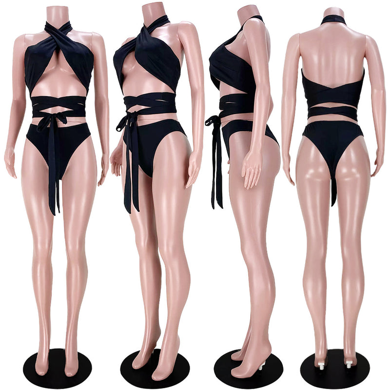 Sexy Cross Halter Neck Tie Up Swimsuit Set ASL 6372