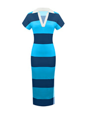 Plus Size Stripe V Neck Split Midi Dress ZDF 33528