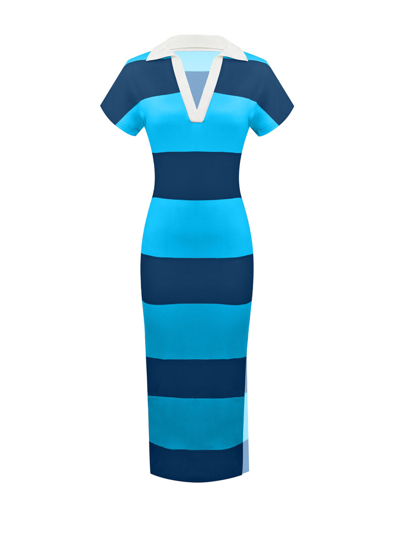 Plus Size Stripe V Neck Split Midi Dress ZDF 33528