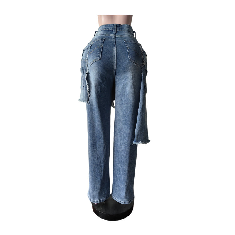 Fashion Apron Ripped Straight Leg Jeans MEM 88661