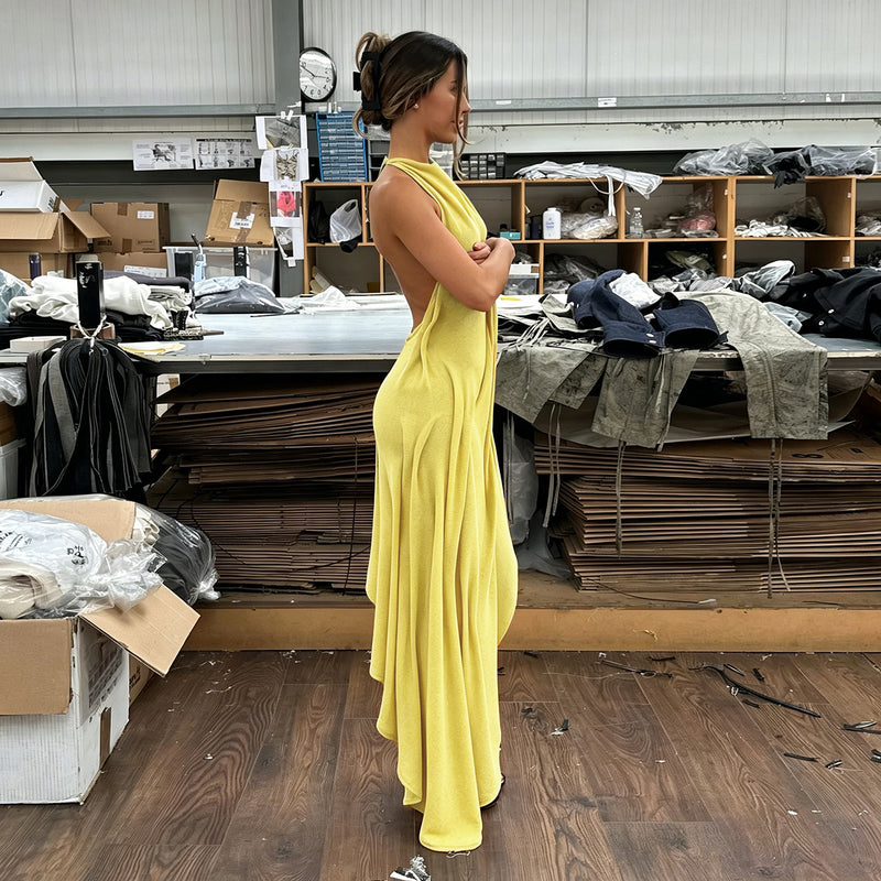 Solid Color O Neck Backless Maxi Dress GZJQ K6D10924A