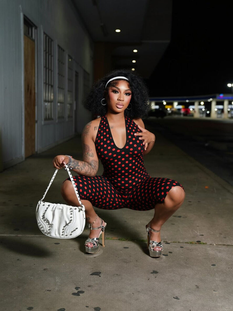 Halterneck Deep V Neck Polka Dots Print Romper CM 60402