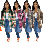 Plus Size Loose Plaid Mauney Long Sleeve Shirt Coat YIM 370
