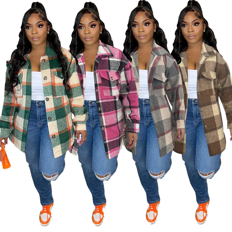 Plus Size Loose Plaid Mauney Long Sleeve Shirt Coat YIM 370