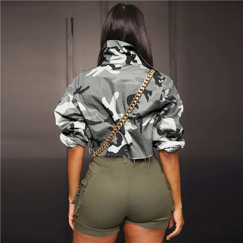Camouflage Print Lapel Neck Short Coats SH 390421