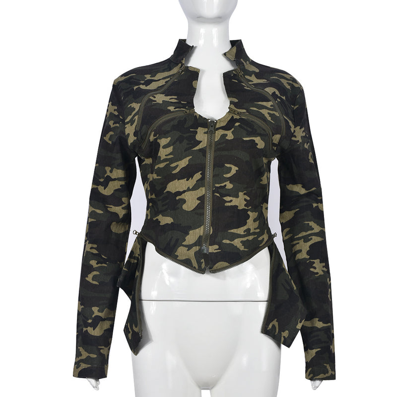 Camouflage Zipper Long Sleeve Stand Up Jacket GNZD 9527TD