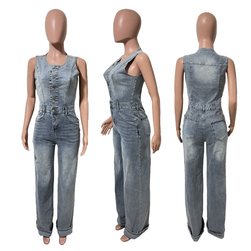 Denim Sleeveless Wide Leg Jumpsuit LX 6075