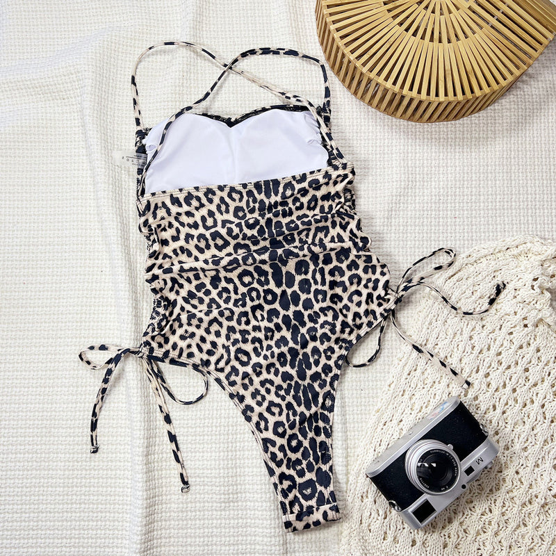 Leopard Print Tie Up One Piece Swimsuit CSYZ 382