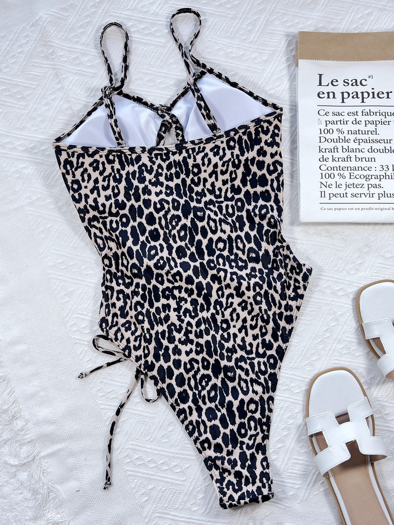 Leopard Print Cut out Drawstring One Piece Swimsuit CSYZ C88W
