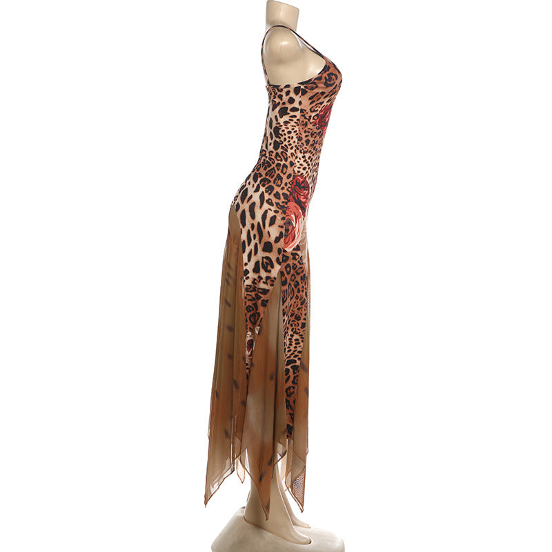 Mesh Patchwork Print Sling Maxi Dress GZJQ K6D07210A