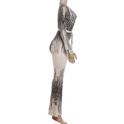 Deep V Neck Long Sleeve Print Jumpsuit XEF K25S89517