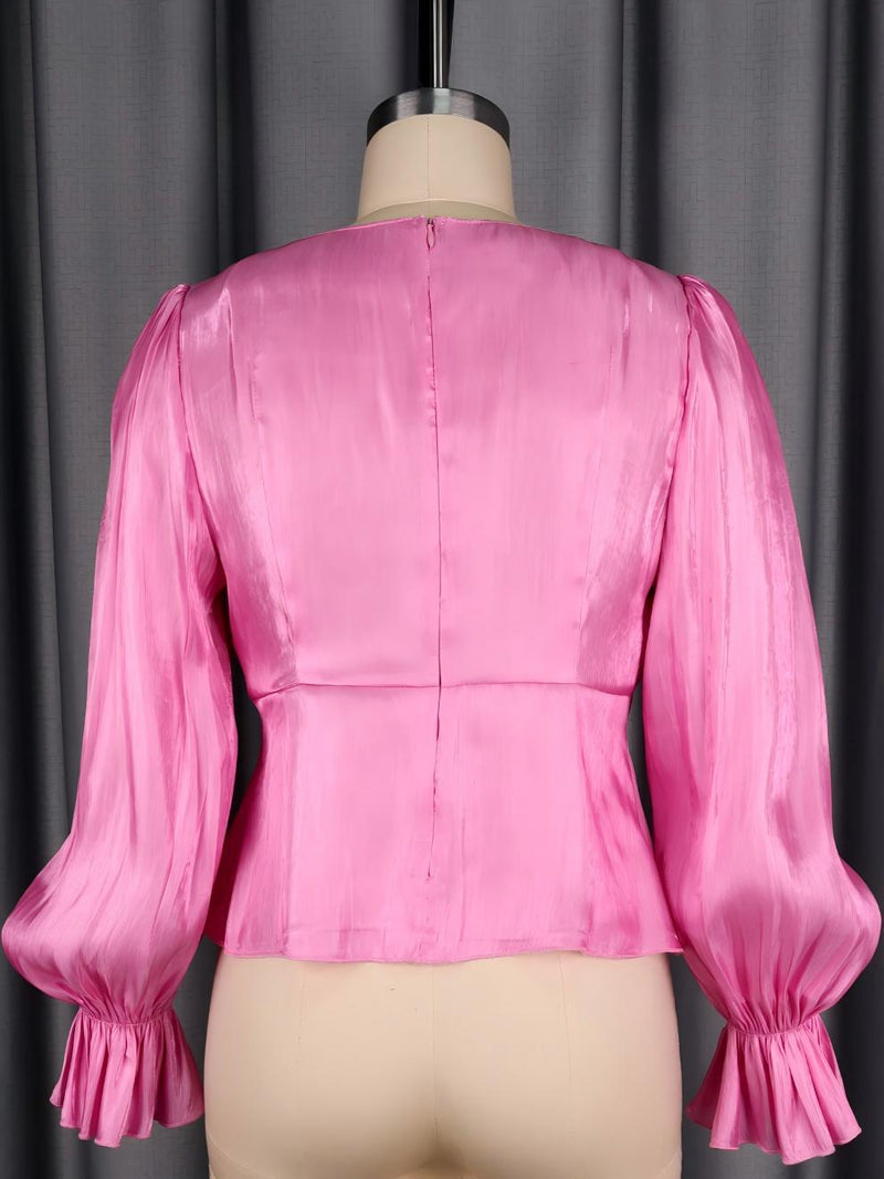 Plus Size Solid Color Ruched Flare Sleeve Shirt GKEN ATP051243