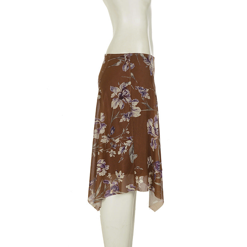 Printed Mesh Irregular Mid Skirt GPKJ MR49534