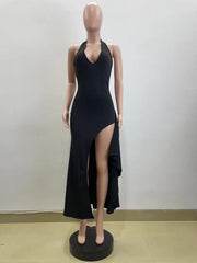 Deep V Neck Halter Backless Split Maxi Dress QOUY M6032