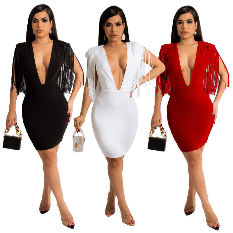 Solid Sexy Tassel Deep V Neck Bodycon Dress HNIF 073