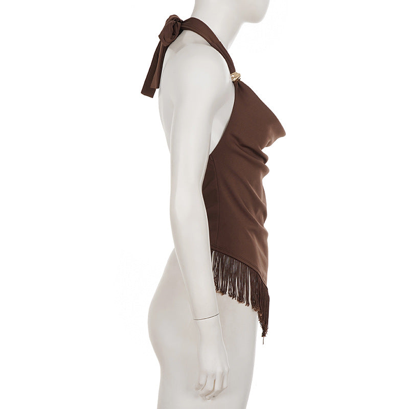 Halterneck Solid Color Tassel Vest GPKJ MR49999