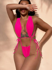 Solid Color Sexy Cross Tie Up One Piece Swimsuit CASF 6588