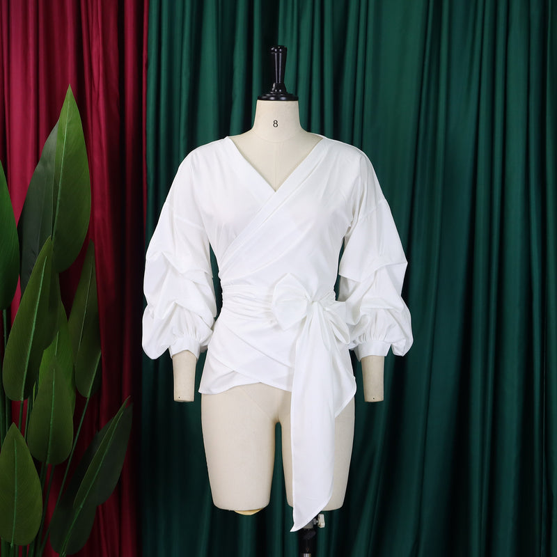 Sexy Tie Up Bubble Sleeve V Neck Blouse GCZF 8620