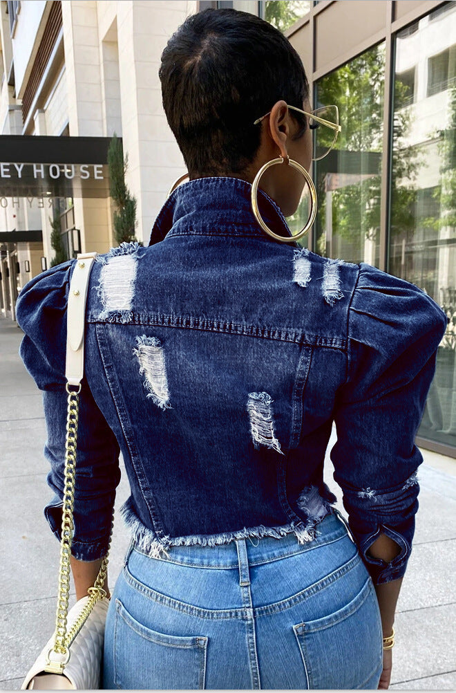 Ripped Bubble Sleeve Denim Jacket GQDH 911
