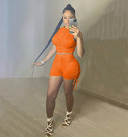 Sexy Sleeveless Ruched Two Piece Shorts Set YIBF 6043