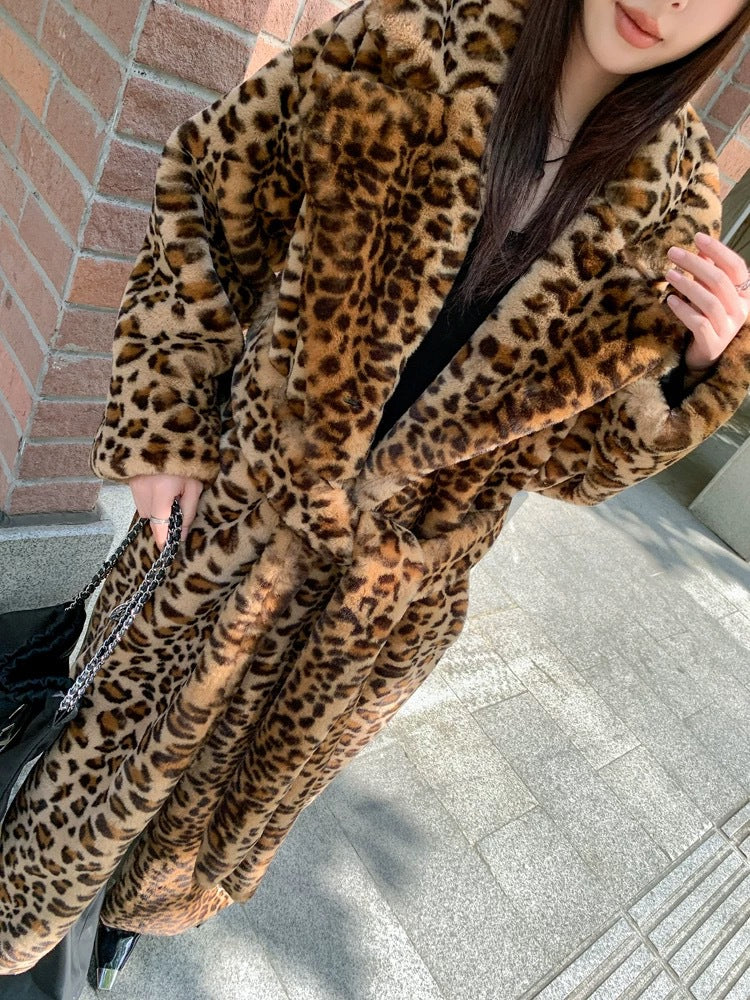 Plus Size Faux fur Leopard Print Rabbit Fur Extra Long Coat HHMY PO1022