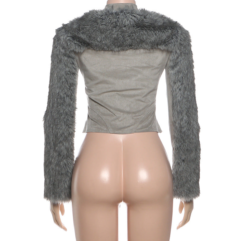 Zipper Long Sleeve Furzzy Patchwork Jackets GSLF K25C83769