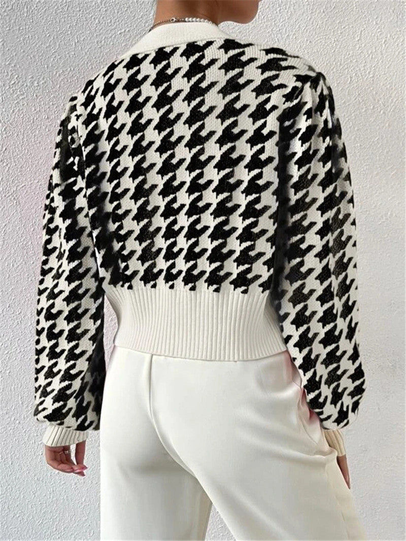 Houndstooth Patterned Knit Cardigan Coat GZYF 1087